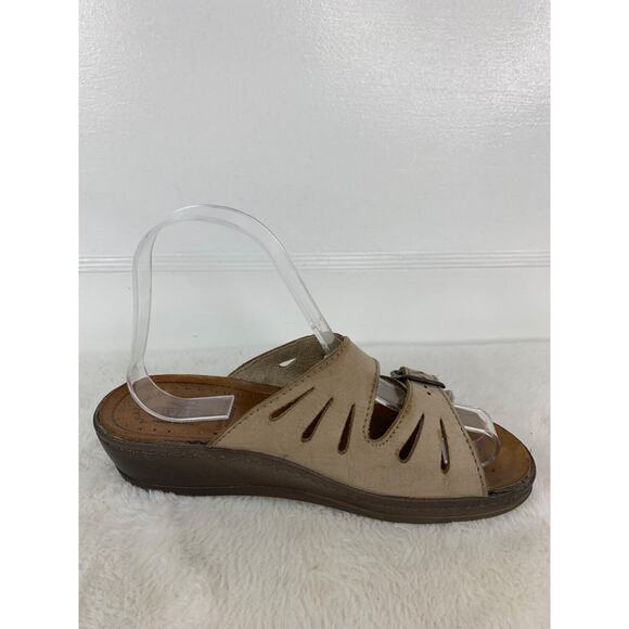 Fly Flot Womens Beige Leather Slide Sandals With Double Strap Buckle Design 6.5 - Picture 5 of 9